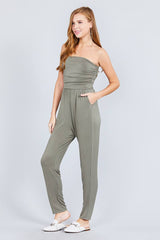 Strapless Tube Top W/front Slanted And Pocket Rayon Spandex Jumpsuit