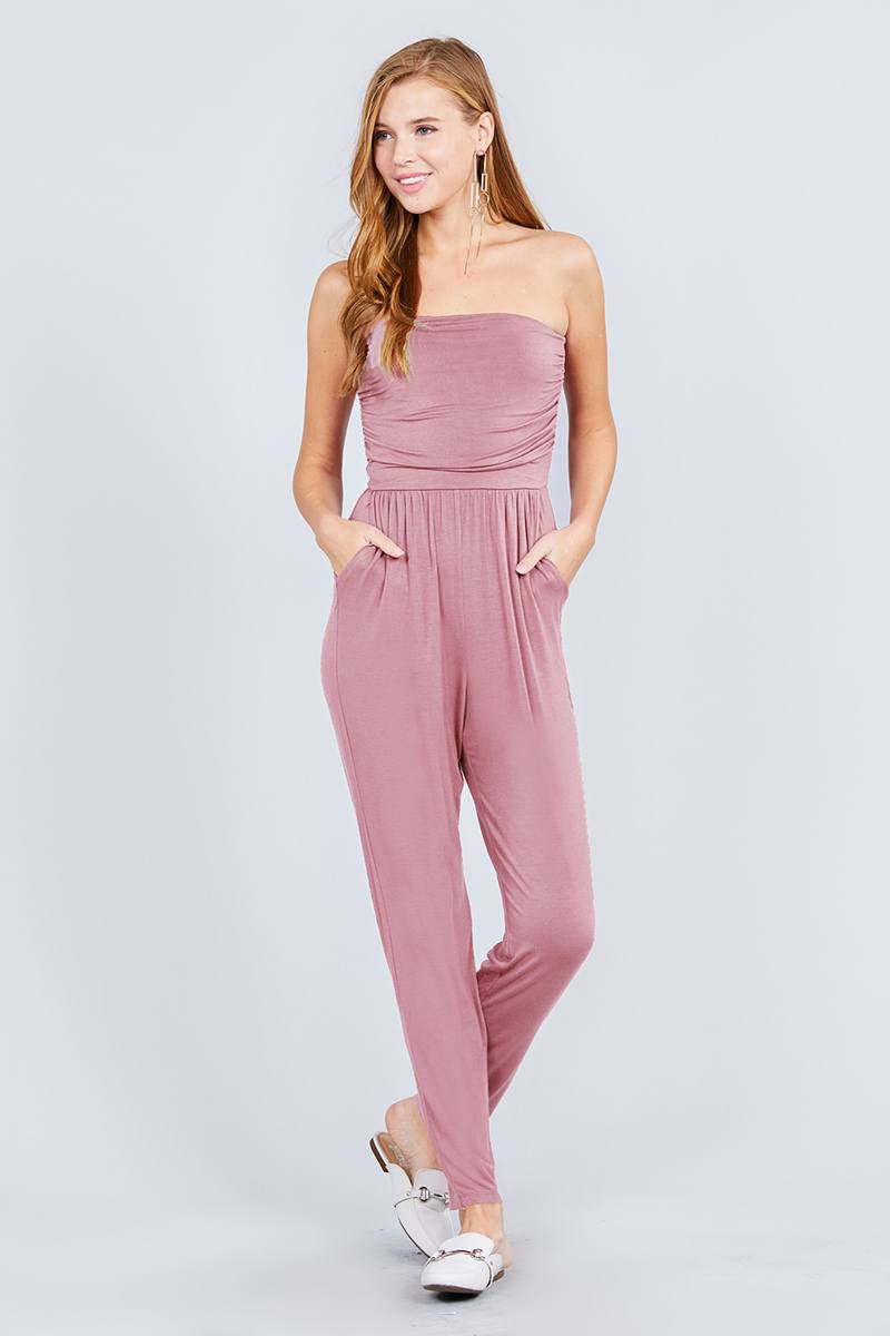 Strapless Tube Top W/front Slanted And Pocket Rayon Spandex Jumpsuit