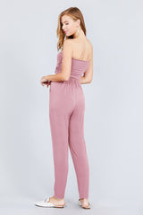 Strapless Tube Top W/front Slanted And Pocket Rayon Spandex Jumpsuit