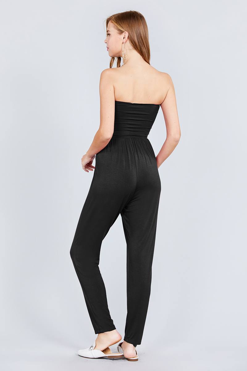 Strapless Tube Top W/front Slanted And Pocket Rayon Spandex Jumpsuit