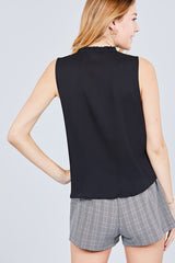 Sleeveless Ruffle Neck W/self Tie Smocked Yoke Detail Front Button Woven Top