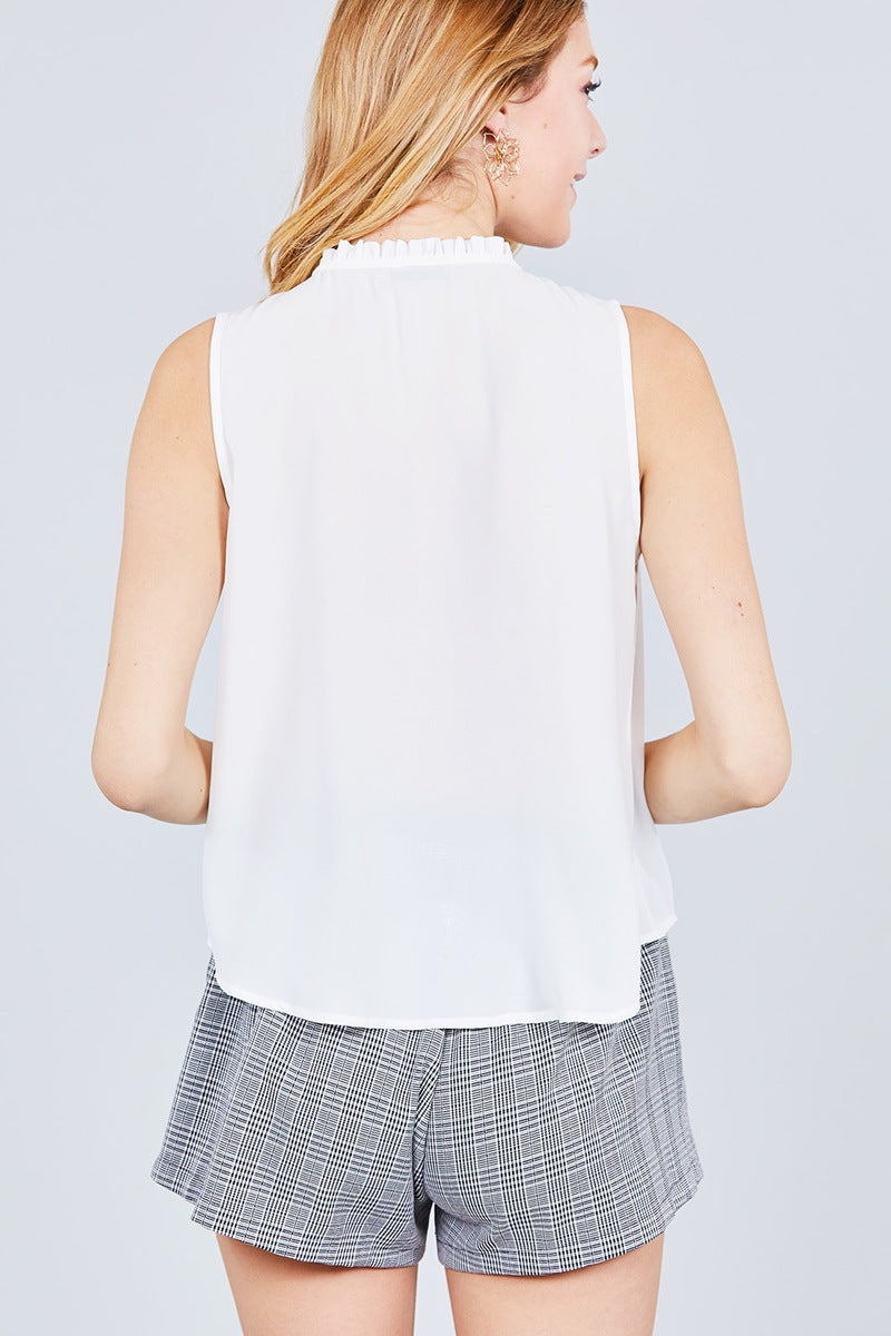 Sleeveless Ruffle Neck W/self Tie Smocked Yoke Detail Front Button Woven Top