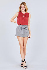 Sleeveless Ruffle Neck W/self Tie Smocked Yoke Detail Front Button Woven Top