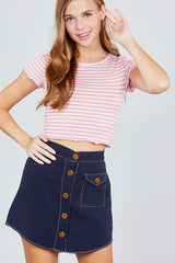 Short Sleeve Round Neck Lettuce Hem Stripe Jersey Cotton Spandex Top