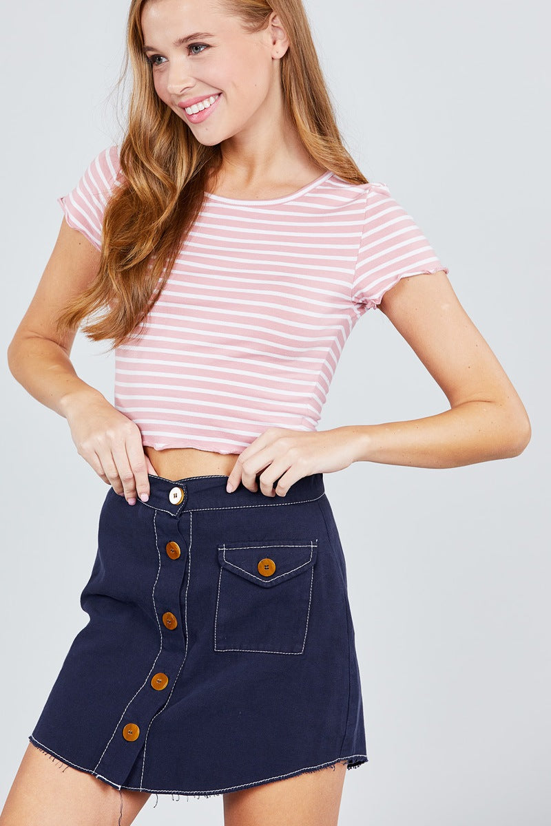 Short Sleeve Round Neck Lettuce Hem Stripe Jersey Cotton Spandex Top