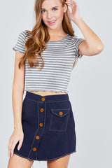 Short Sleeve Round Neck Lettuce Hem Stripe Jersey Cotton Spandex Top