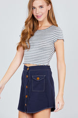 Short Sleeve Round Neck Lettuce Hem Stripe Jersey Cotton Spandex Top