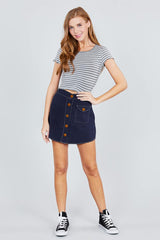 Short Sleeve Round Neck Lettuce Hem Stripe Jersey Cotton Spandex Top