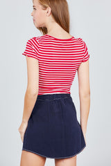 Short Sleeve Round Neck Lettuce Hem Stripe Jersey Cotton Spandex Top