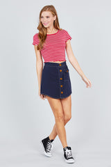 Short Sleeve Round Neck Lettuce Hem Stripe Jersey Cotton Spandex Top