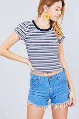 Short Sleeve Crew Neck Multi Stripe Rib Top