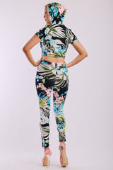 Leaf Print And Striped Side Contrast 2 Pieces Set Includes A Hooded Cropped Top With Short Sleeves And A High Waist Full Leggings