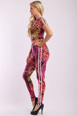 Leaf Print And Striped Side Contrast 2 Pieces Set Includes A Hooded Cropped Top With Short Sleeves And A High Waist Full Leggings