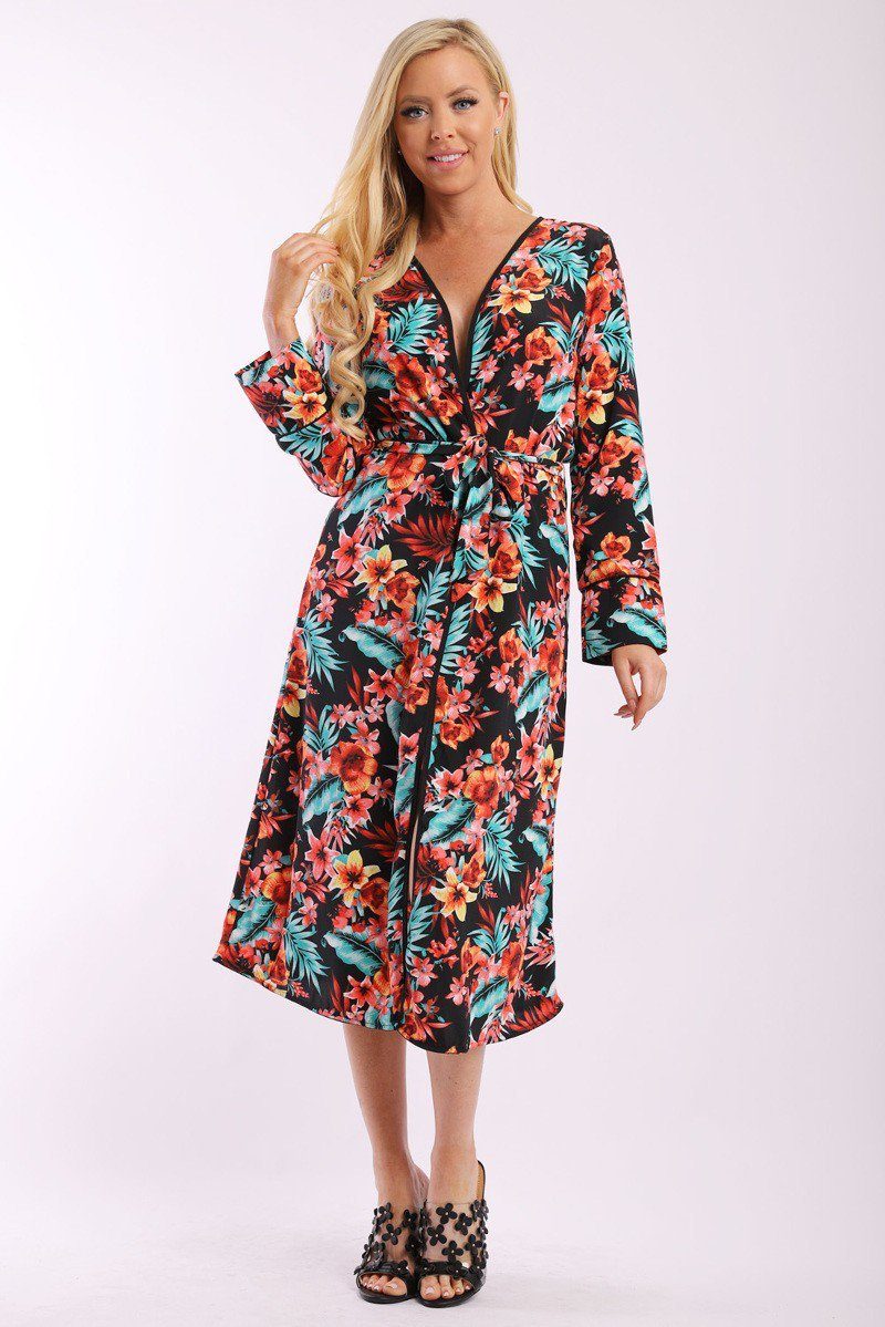 Floral Print Cardigan With Long Sleeves, Open Front, Matching Belt And Contrast Trim
