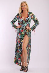Floral Print, Wrapped, Kimono Style, Satin Dress With Long Sleeves, High Front Slit And Decorative Trimming