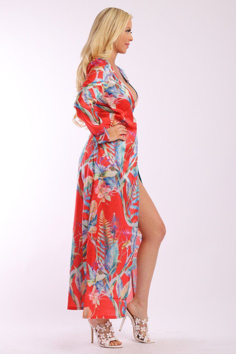 Floral Print, Wrapped, Kimono Style, Satin Dress With Long Sleeves, High Front Slit And Decorative Trimming