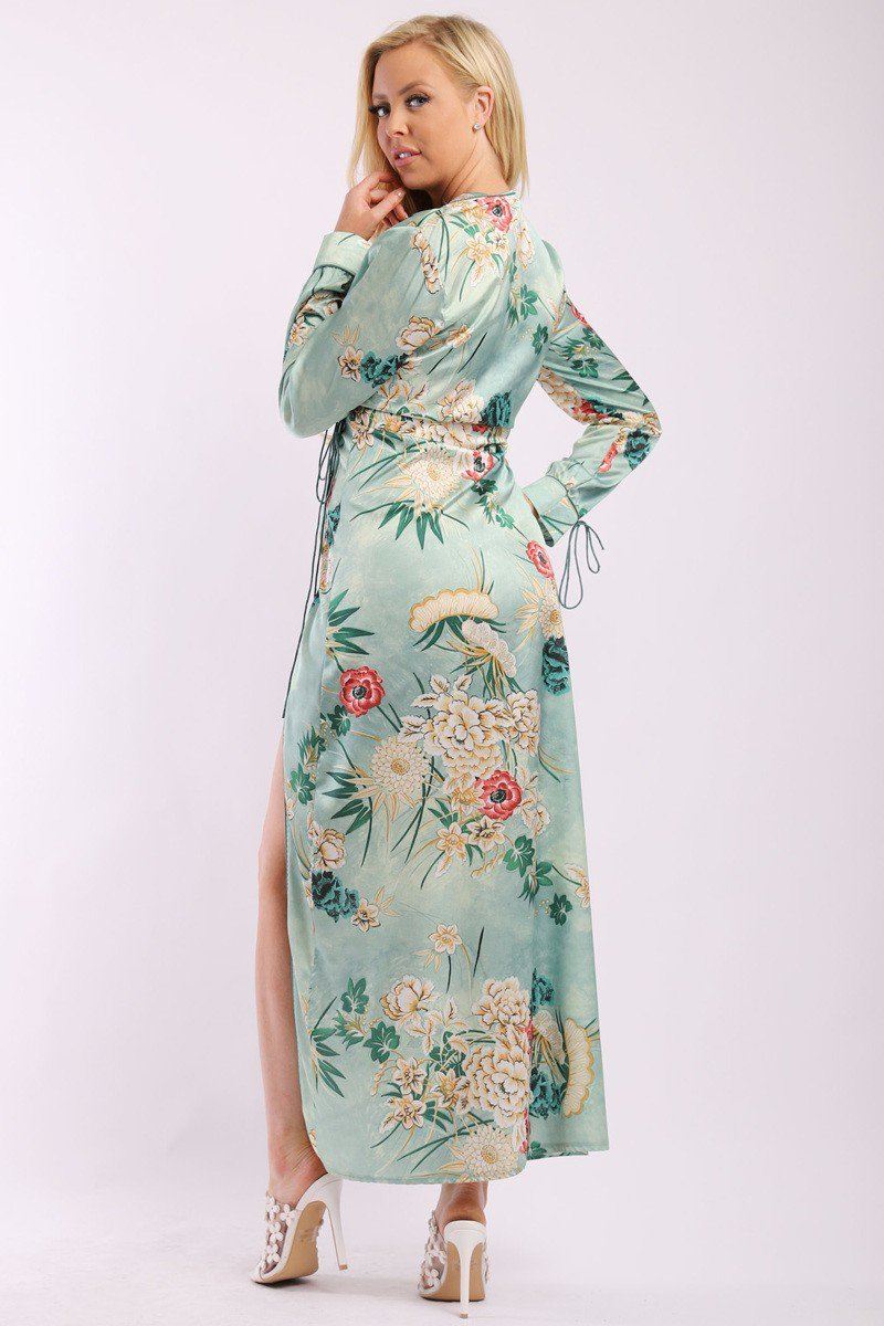 Floral Print, Wrapped, Kimono Style, Satin Dress With Long Sleeves, High Front Slit And Decorative Trimming