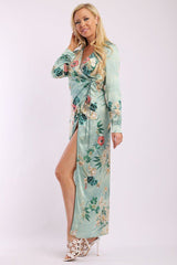 Floral Print, Wrapped, Kimono Style, Satin Dress With Long Sleeves, High Front Slit And Decorative Trimming