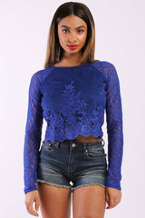 Solid Lace Top With Long Sleeves And Round Neck