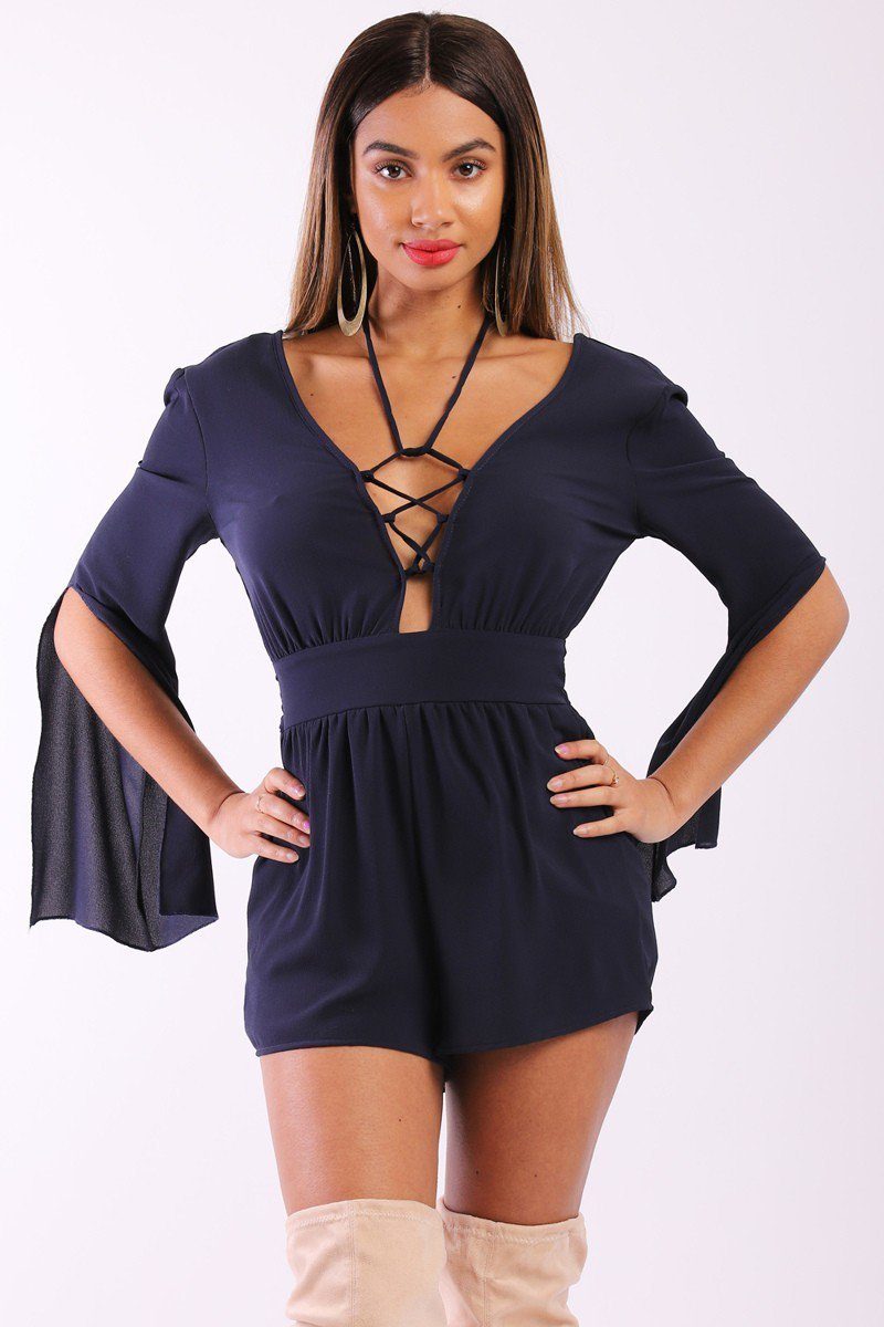 Solid, Short Romper With 3/4 Sleeves, Slits, Lace Up V Neckline And Stretchy Waist