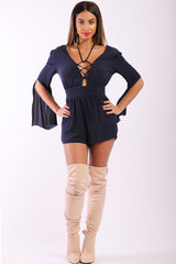 Solid, Short Romper With 3/4 Sleeves, Slits, Lace Up V Neckline And Stretchy Waist