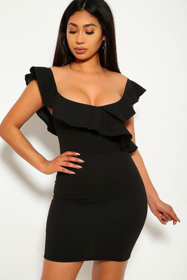 Solid, Ruffled Detail, Sleeveless, Round Neckline, Back Slit, And Stretchy Dress