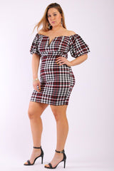 Plaid Short Dress With Bubble, Puff, Off The Shoulder Short Sleeves And V Neck Design
