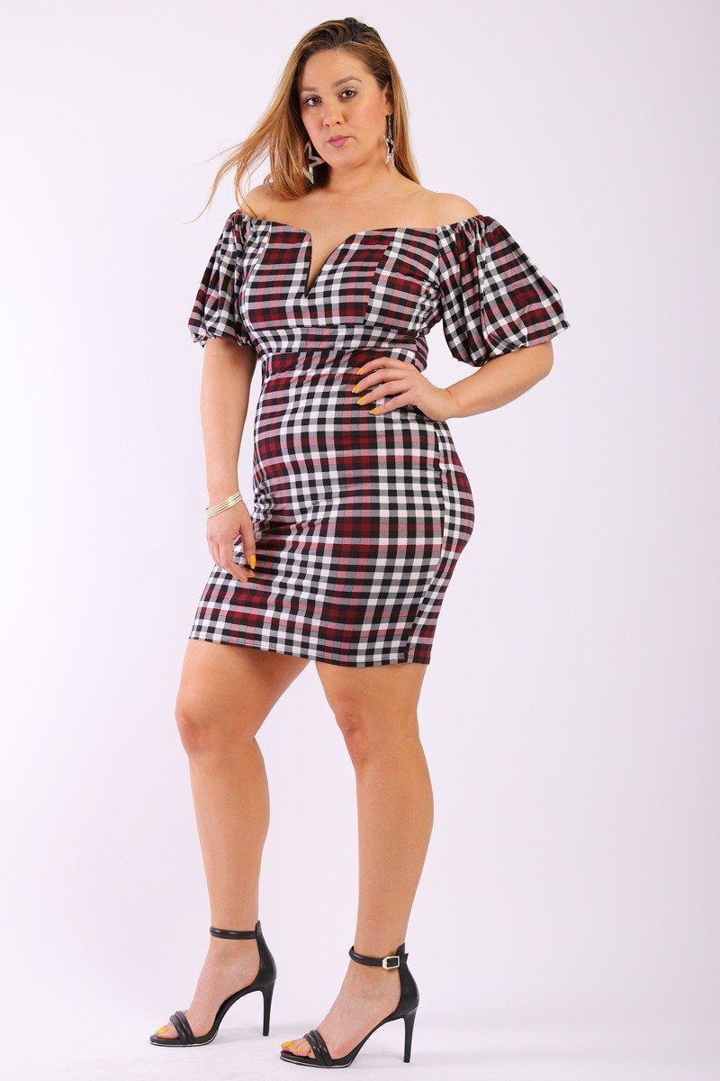 Plaid Short Dress With Bubble, Puff, Off The Shoulder Short Sleeves And V Neck Design