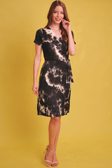 Tie-dye Print, Midi, A-line Dress In A Relaxed Fit With A V-neck, Wrapped Style, Side Waist Tie, And Short Sleeves