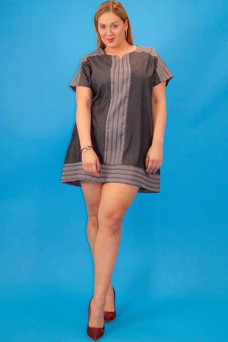 Chambray Denim, Short Sleeve, Striped Contrast Neckline And Trim, Loose Fit Short Dress With Side Pockets