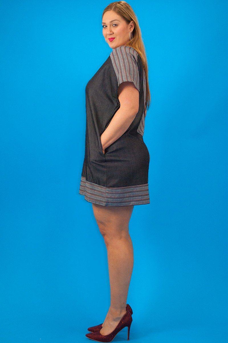 Chambray Denim, Short Sleeve, Striped Contrast Neckline And Trim, Loose Fit Short Dress With Side Pockets