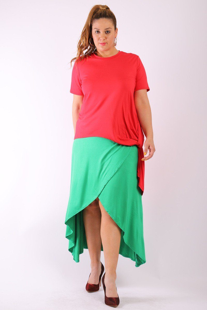 Solid, Short Sleeve Tee Top With Round Neck, Hilo Hemline, Gathered Side Detail And A Long Body Back Tail