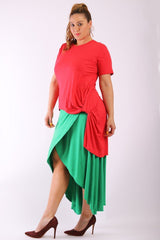Solid, Short Sleeve Tee Top With Round Neck, Hilo Hemline, Gathered Side Detail And A Long Body Back Tail
