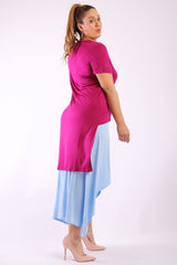 Solid, Short Sleeve Tee Top With Round Neck, Hilo Hemline, Gathered Side Detail And A Long Body Back Tail