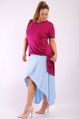 Solid, Short Sleeve Tee Top With Round Neck, Hilo Hemline, Gathered Side Detail And A Long Body Back Tail