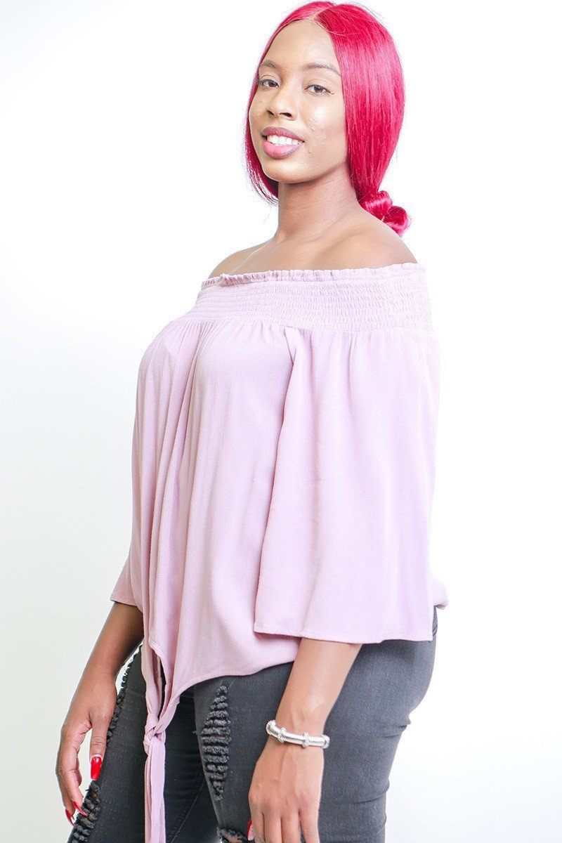 Solid, Off The Shoulders Top With Smocked Neckline, 3/4 Kimono Sleeves, Loose Fitting And A Front Tie Detail