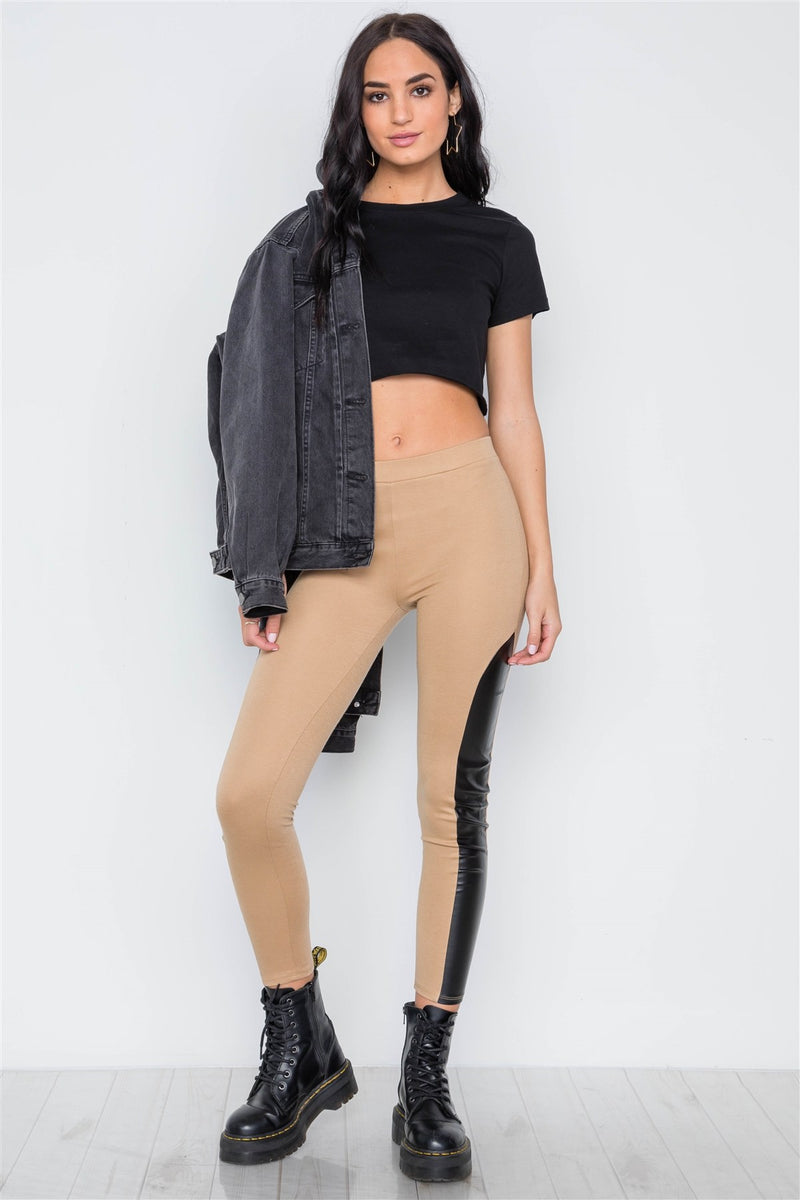 Faux Leather Sides Mid-rise Leggings