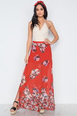 Red Multi Floral Print Side Slits High-waist Maxi Skirt