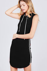 Sleeveless W/side Stripe Drawstring Hoodie Cotton Rayon Spandex Mini Dress