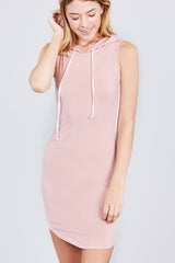 Sleeveless W/side Stripe Drawstring Hoodie Cotton Rayon Spandex Mini Dress