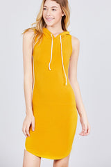 Sleeveless W/side Stripe Drawstring Hoodie Cotton Rayon Spandex Mini Dress