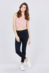 Scoop Neck W/back Cross Strap Detail Waist Self Tie Ribbed Cotton Spandex Crop Top