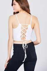 Scoop Neck W/back Cross Strap Detail Waist Self Tie Ribbed Cotton Spandex Crop Top