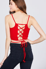 Scoop Neck W/back Cross Strap Detail Waist Self Tie Ribbed Cotton Spandex Crop Top