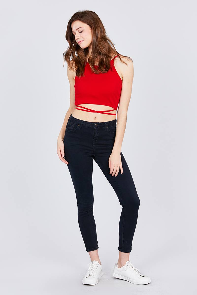 Scoop Neck W/back Cross Strap Detail Waist Self Tie Ribbed Cotton Spandex Crop Top