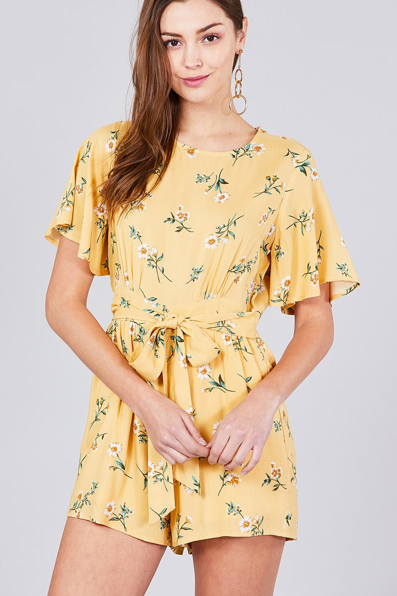 Bell Short Sleeve Back Open Waist Belt Print Romper