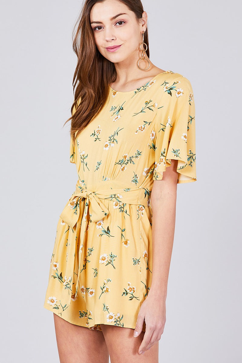 Bell Short Sleeve Back Open Waist Belt Print Romper