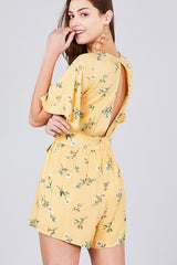 Bell Short Sleeve Back Open Waist Belt Print Romper