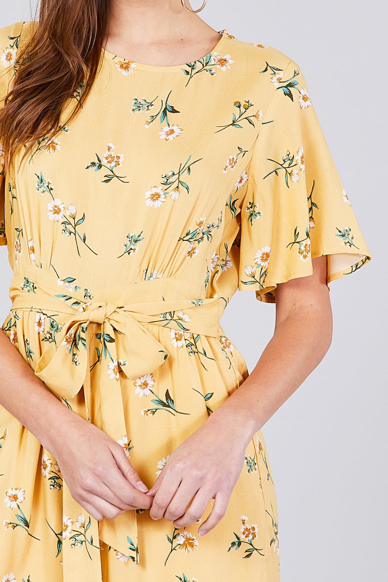 Bell Short Sleeve Back Open Waist Belt Print Romper