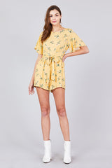 Bell Short Sleeve Back Open Waist Belt Print Romper